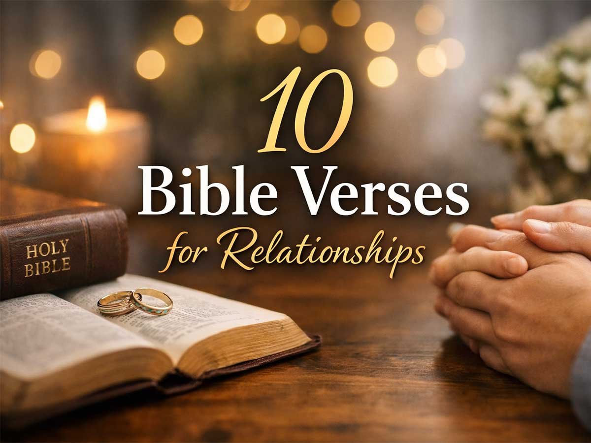“10 Bible Verses for Relationships” text over a warm scene with an open Bible, wedding rings, a candle, and clasped hands.