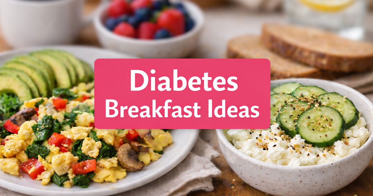 Diabetes breakfast ideas graphic with veggie egg scramble and avocado on one side, and cottage cheese topped with cucumber and seasoning on the other, with coffee, berries, and toast blurred in the background.