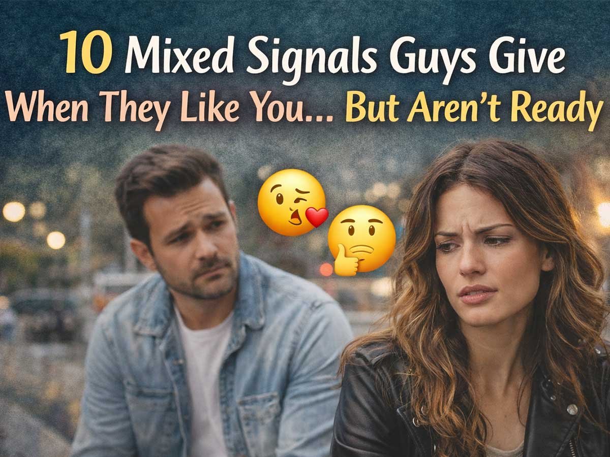 Confused woman looking away while a man watches her, with text “10 Mixed Signals Guys Give When They Like You… But Aren’t Ready” and two thinking/flirty emojis.