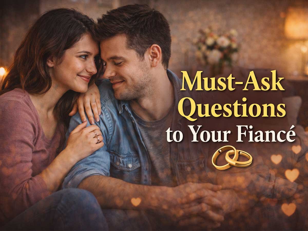 Couple sharing a loving moment with the text 'Must-Ask Questions to Your Fiancé' and wedding rings icon in the foreground, soft-focus background with heart-shaped bokeh.