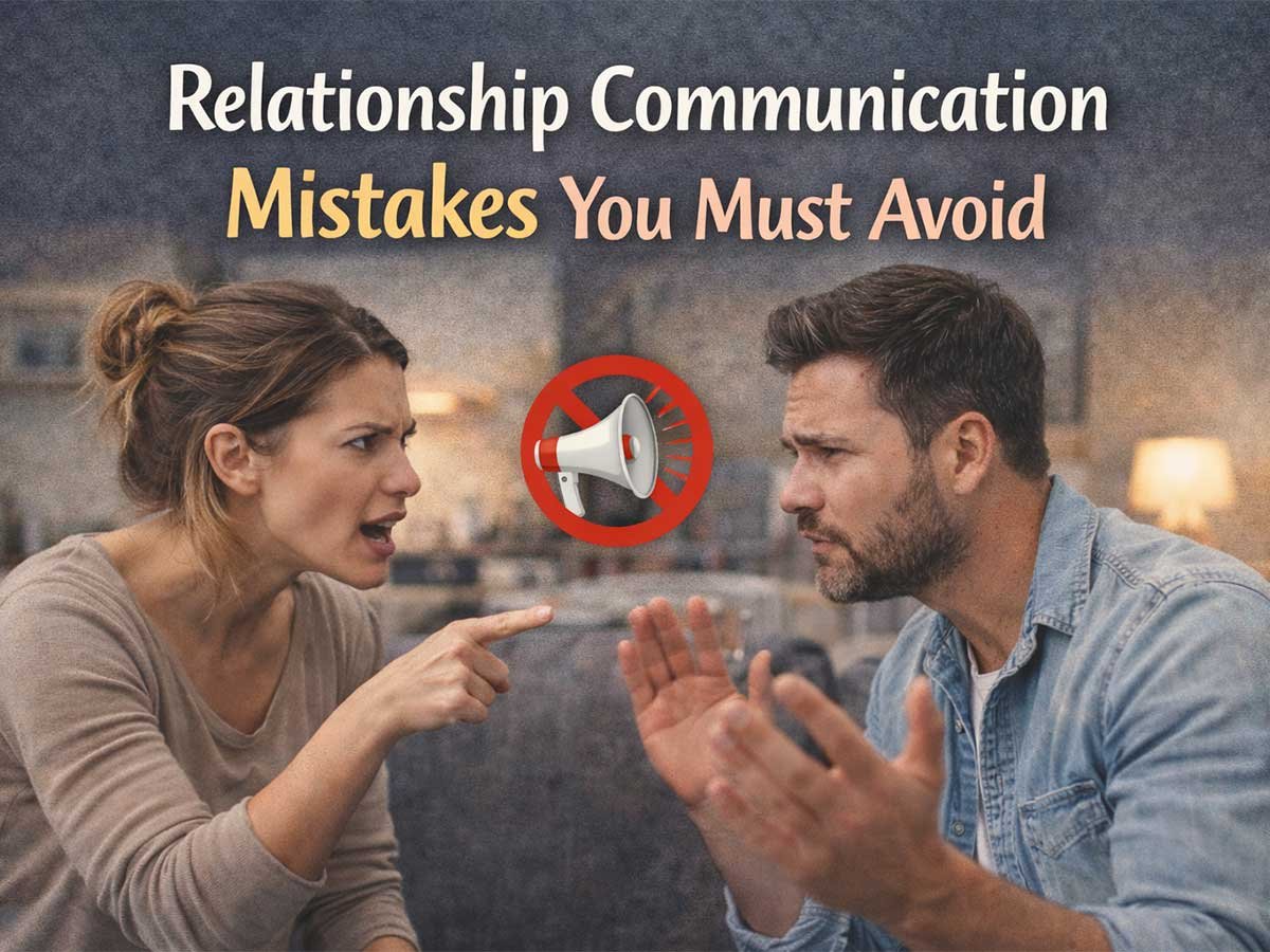 Couple arguing face-to-face with a “no shouting” megaphone icon between them and text that says “Relationship Communication Mistakes You Must Avoid.”