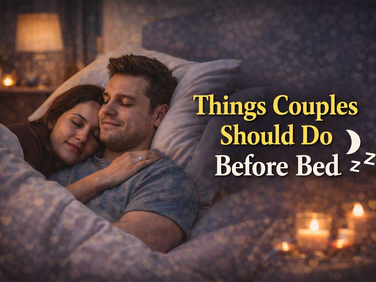 Couple cuddling in bed with soft lighting and candles, accompanied by the text 'Things Couples Should Do Before Bed.