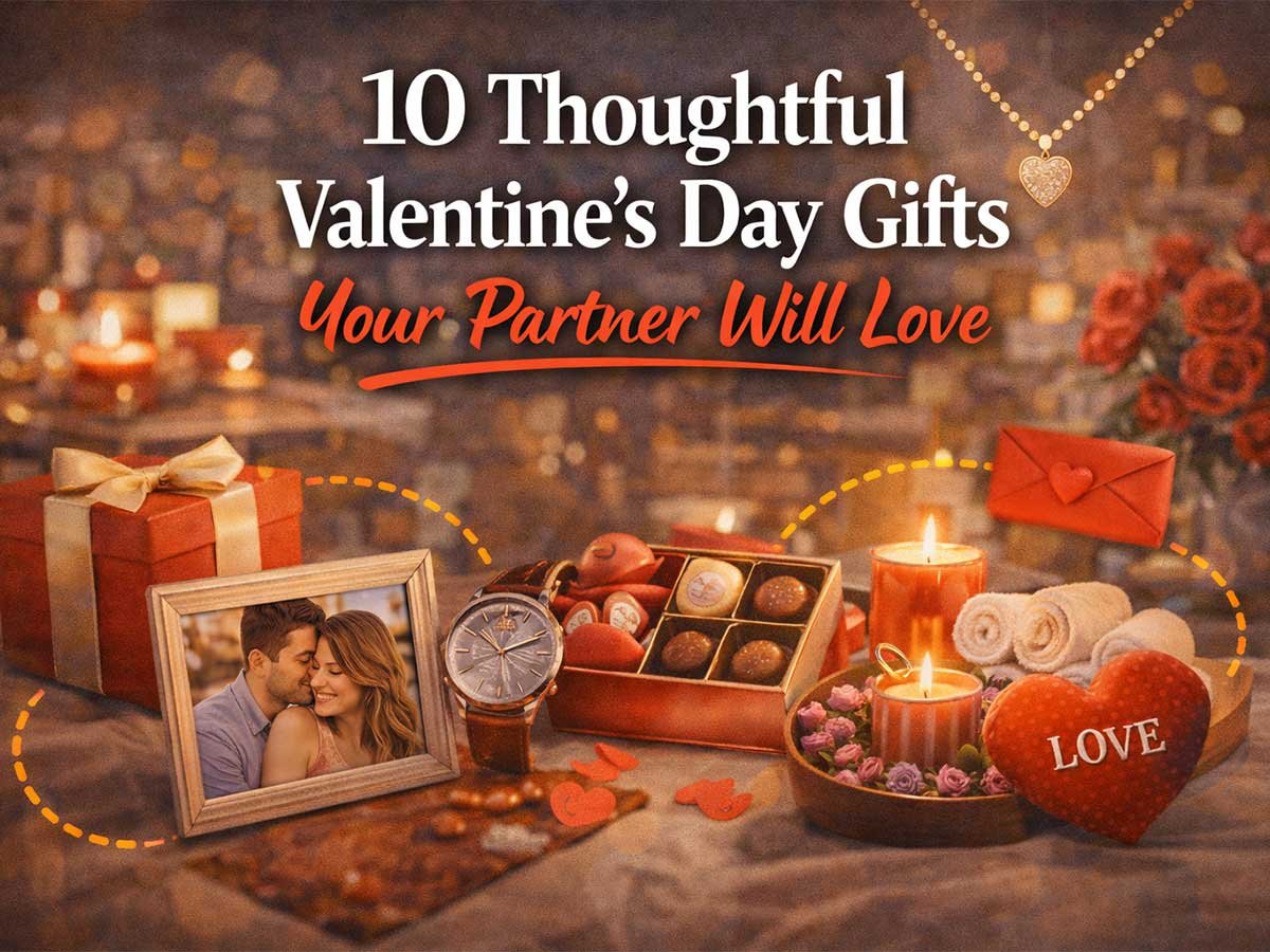 A Valentine’s Day gift-themed graphic with the text “10 Thoughtful Valentine’s Day Gifts Your Partner Will Love,” featuring candles, chocolates, flowers, a gift box, a framed couple photo, and heart decorations.