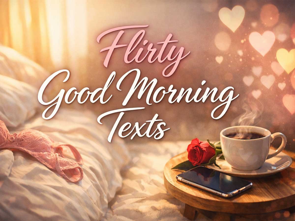 Flirty good morning text graphic with a cozy bed, coffee cup, rose, phone, and soft heart lights in the background.