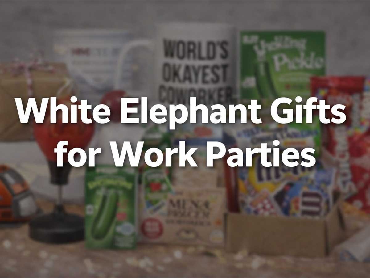 “White Elephant Gifts for Work Parties” text over a blurred background of assorted gift items and snacks.