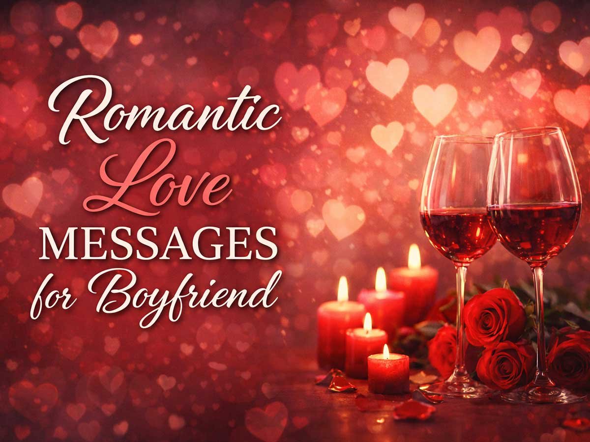 Romantic love message graphic featuring two glasses of wine, red candles, and roses, with a background of soft heart-shaped bokeh. Text reads "Romantic Love Messages for Boyfriend."