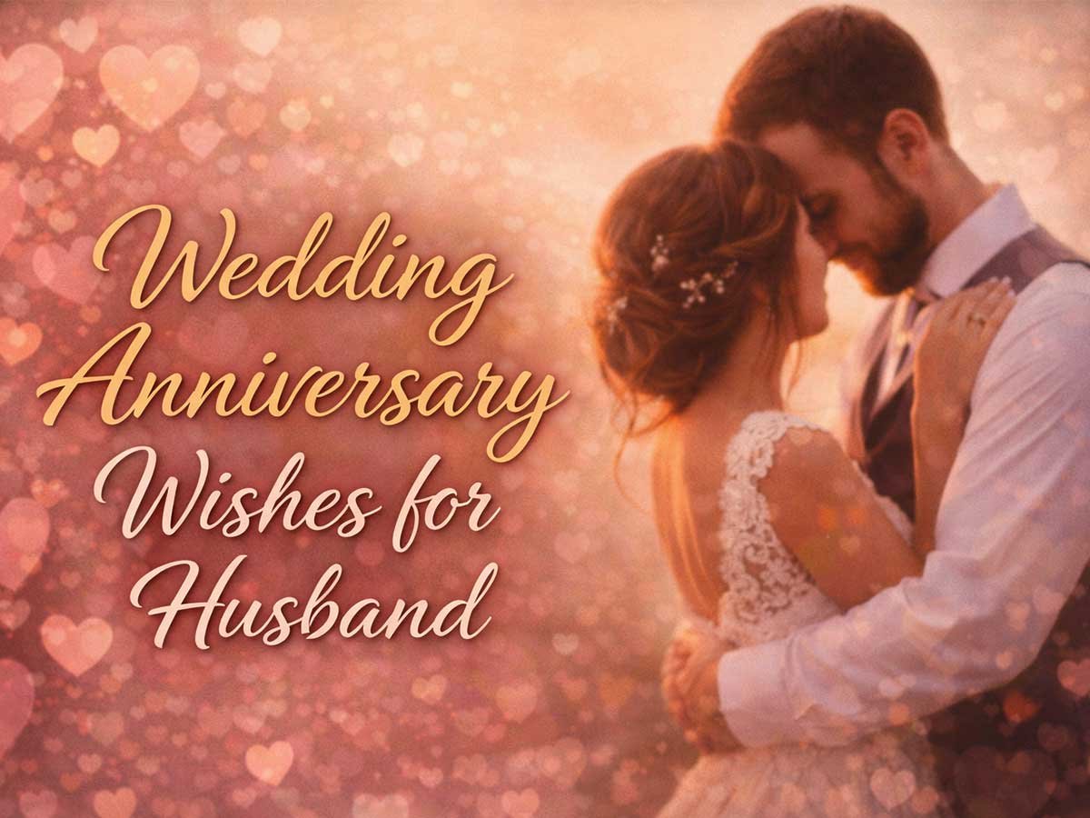Romantic wedding anniversary graphic showing a couple embracing, with soft heart bokeh and text reading “Wedding Anniversary Wishes for Husband.”