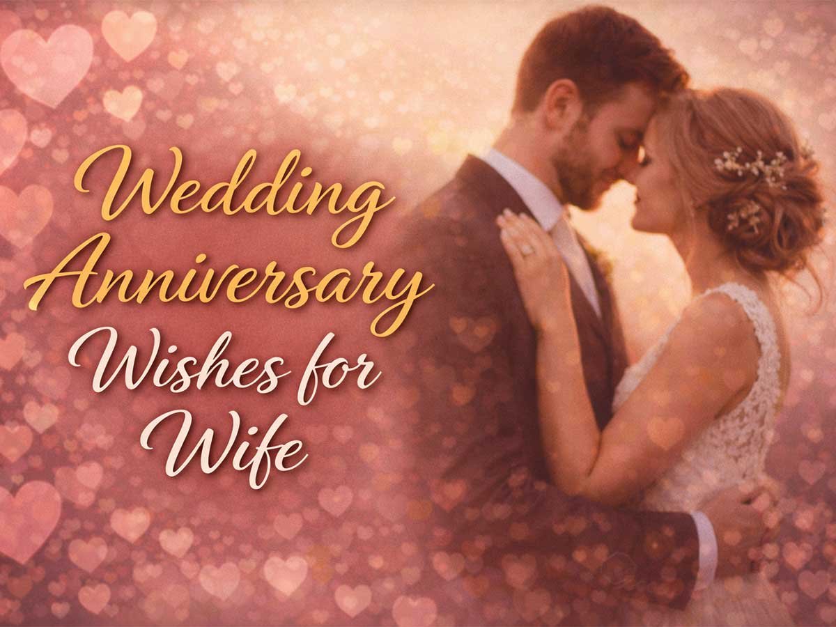 Wedding anniversary graphic showing a couple embracing with heart bokeh in the background. Text reads “Wedding Anniversary Wishes for Wife.”