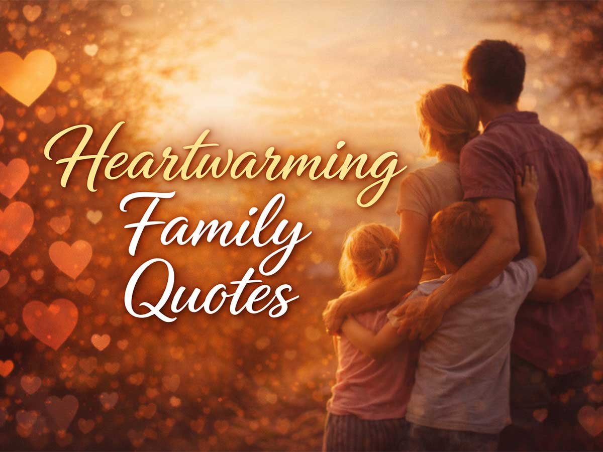 A family standing together, watching a sunset, with heart-shaped bokeh in the background. The text reads "Heartwarming Family Quotes."