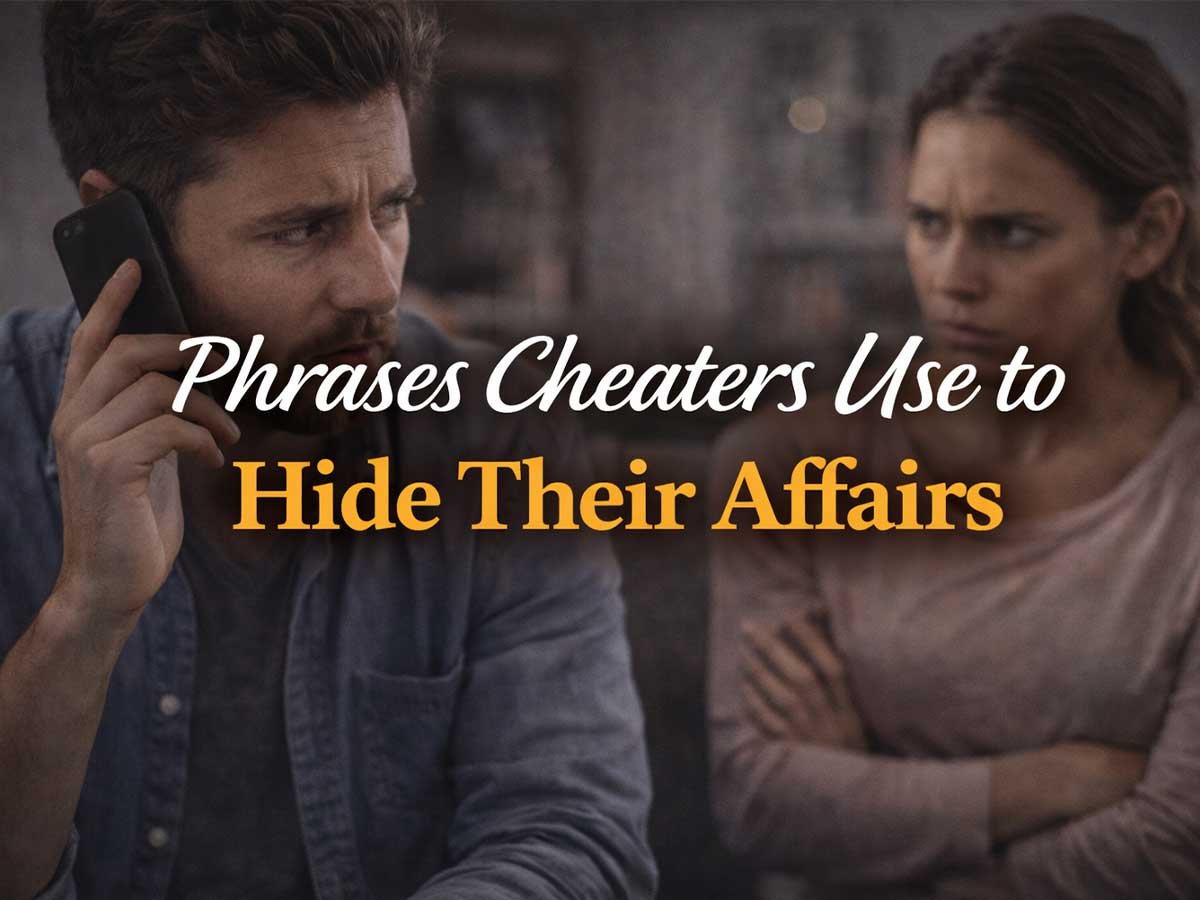 Man talking on the phone while a woman looks suspicious and upset in the background, with text about hiding affairs.