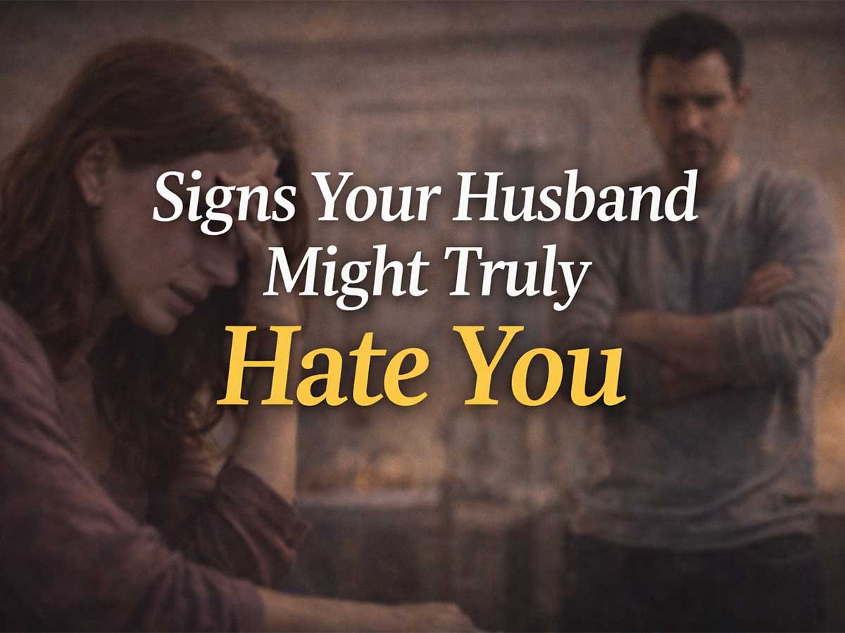 A distressed woman sits with her head in her hand while a man stands in the background with crossed arms, creating a tense mood. Overlaid text reads, “Signs Your Husband Might Truly Hate You.”