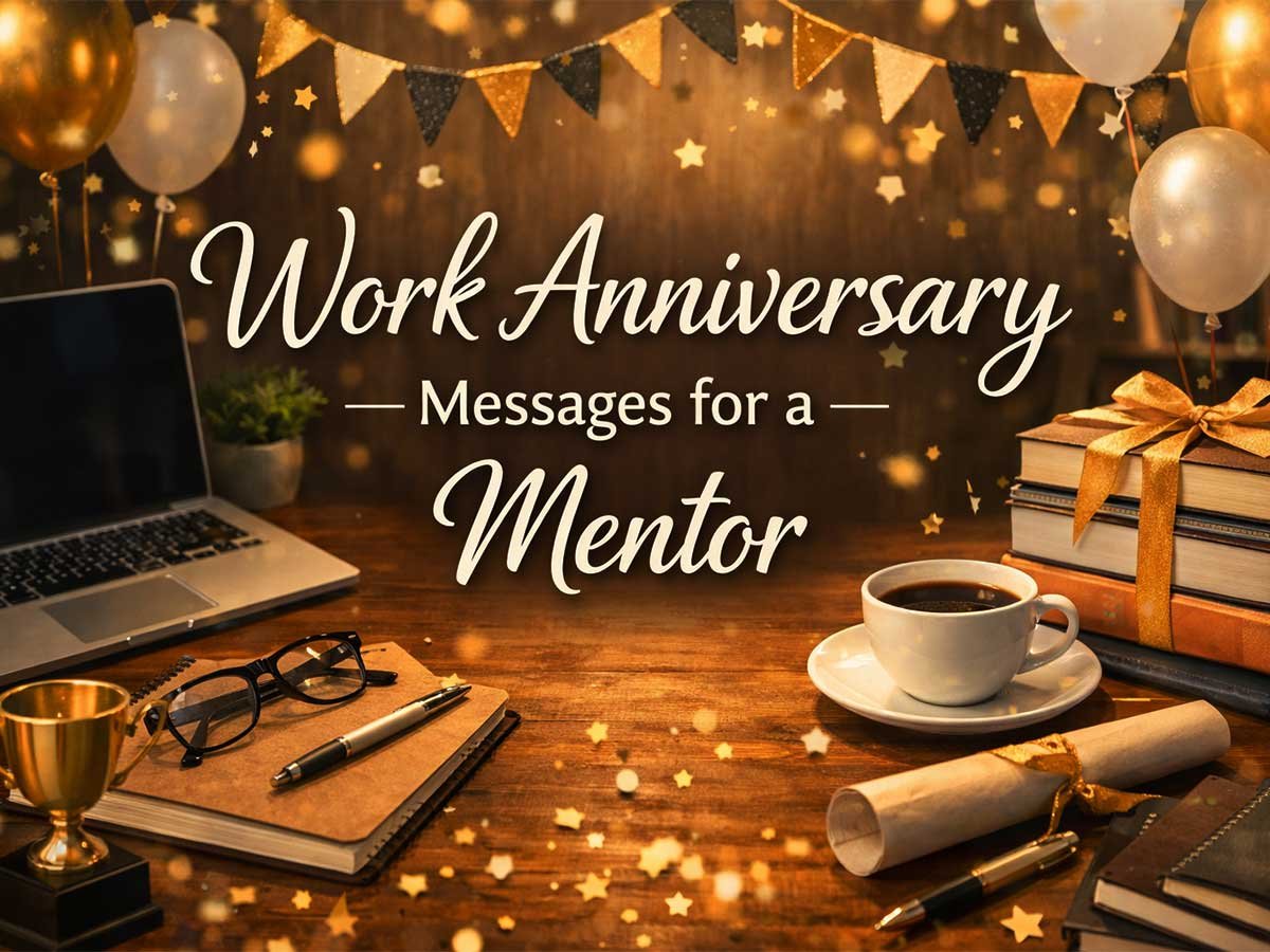 Work anniversary message for mentor image with a laptop, books, coffee cup, gift box, and festive golden decorations on a wooden desk.
