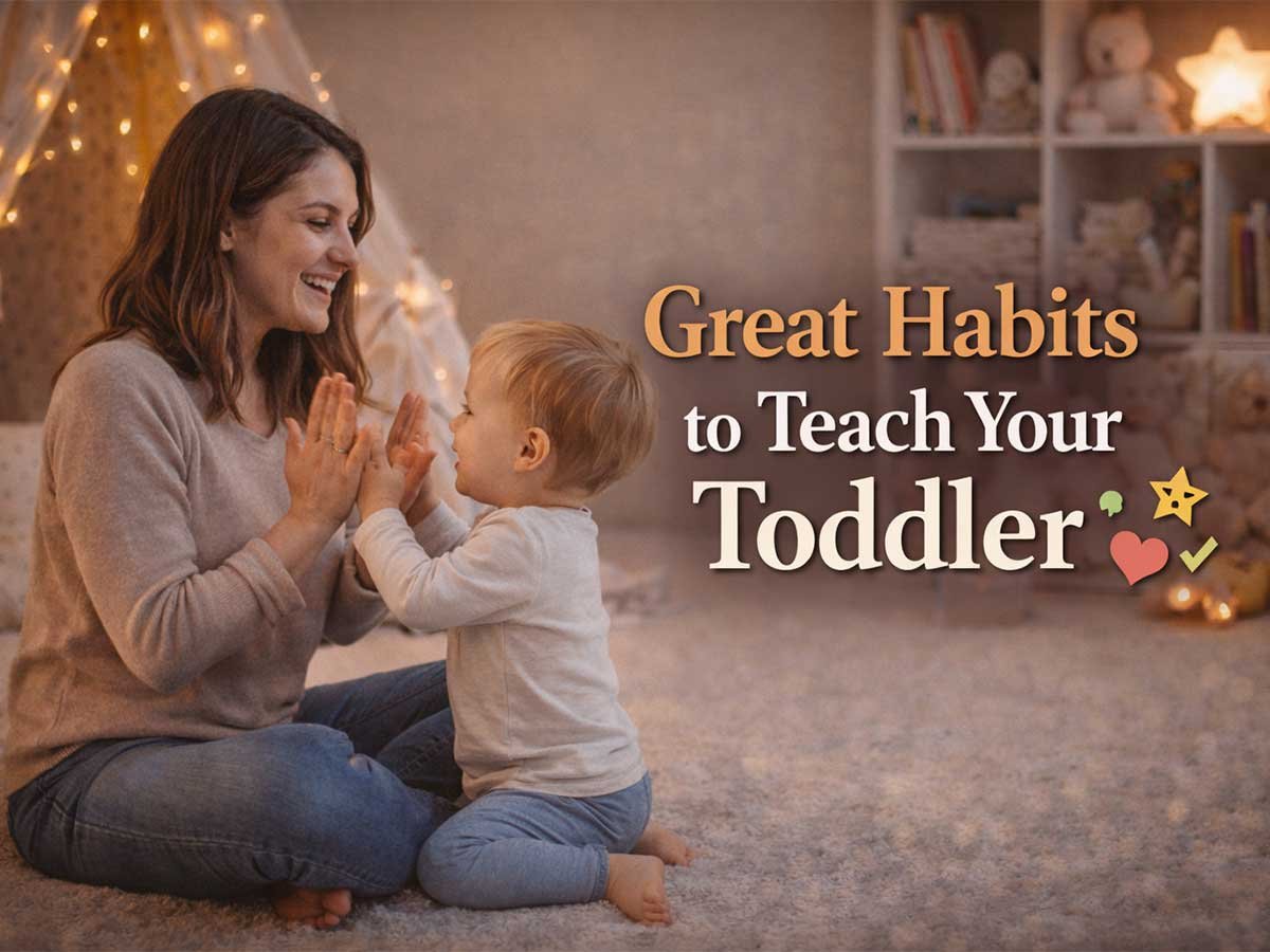 Mother and toddler playing together, with the text 'Great Habits to Teach Your Toddler' overlaid on a cozy background.