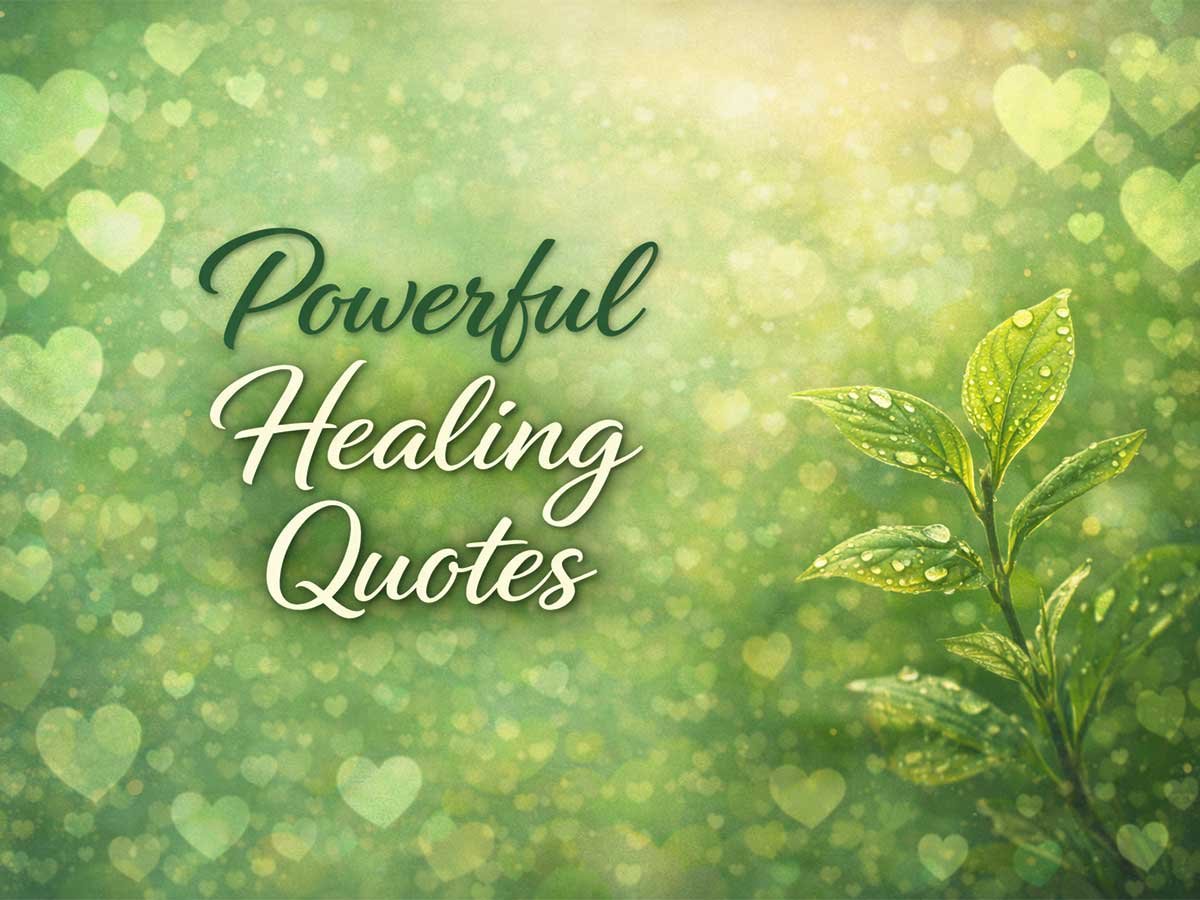 Soft green background with heart-shaped bokeh and a close-up of a plant with droplets. The text reads "Powerful Healing Quotes."