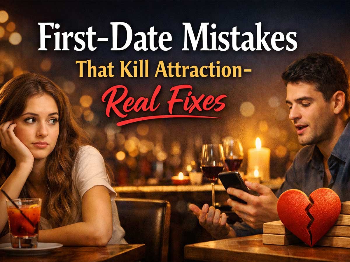 A couple on a first date at a dim, cozy bar. The woman looks bored while the man checks his phone. Text reads “First-Date Mistakes That Kill Attraction — Real Fixes.”