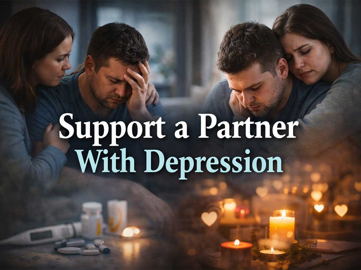 "Couple comforting each other, with a focus on supporting a partner through depression, with medication and candles in the scene."