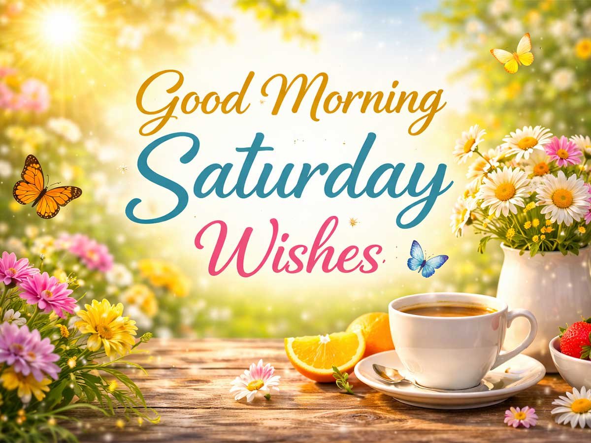 Good morning Saturday wishes image with colorful flowers, butterflies, sunlight, and a cup of coffee on a wooden table.