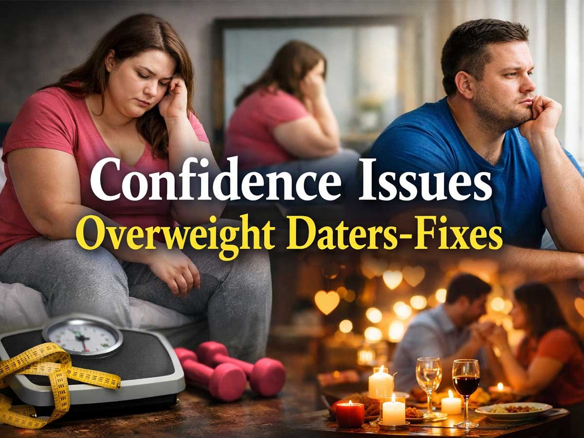 "Collage showing overweight daters experiencing confidence issues, with a focus on solutions, including scale, dumbbells, and a romantic dinner."