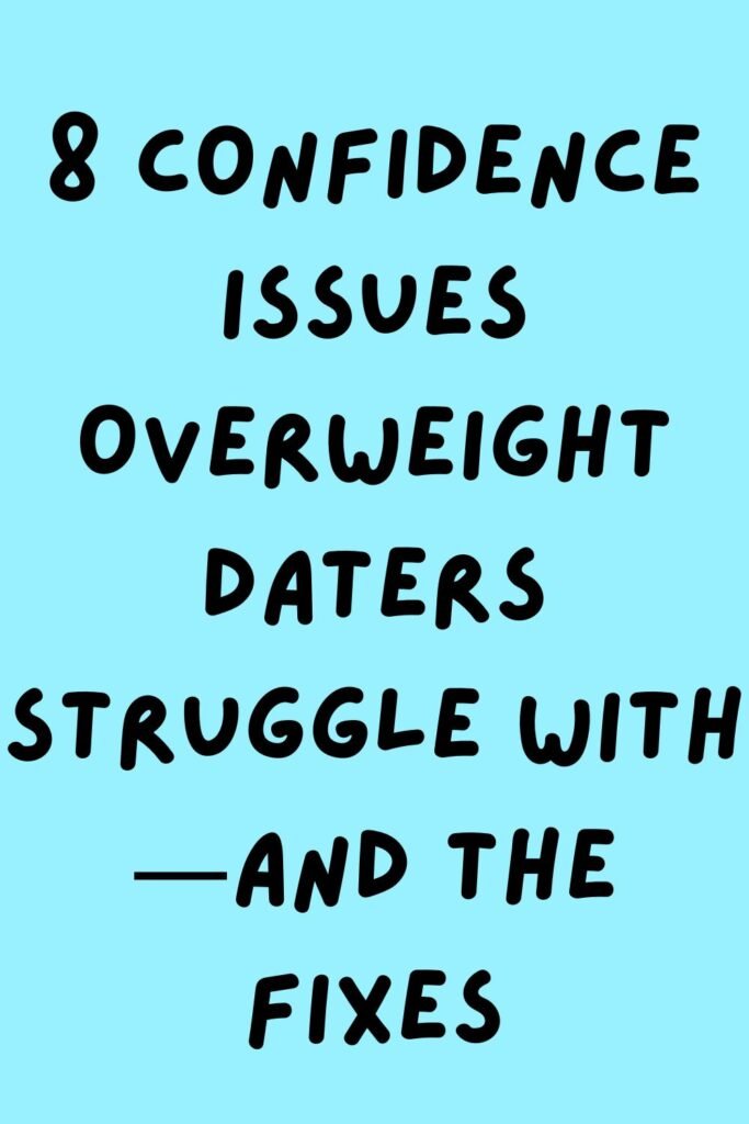 "Colorful graphic listing 8 confidence issues overweight daters struggle with, with solutions provided."