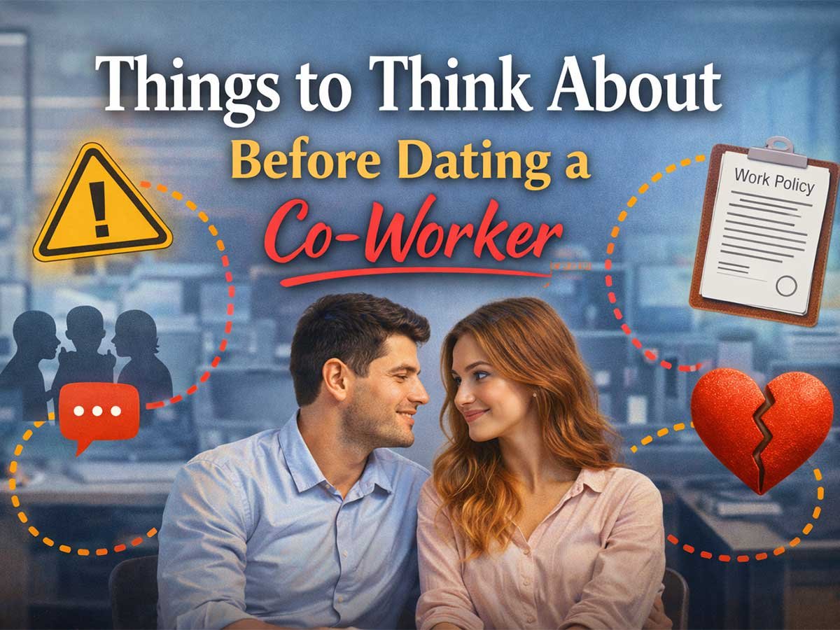 A blurred office background with a smiling couple sitting close together. Text reads “Things to Think About Before Dating a Co-Worker.” Icons show a warning sign, coworkers chatting, a work policy clipboard, and a broken heart.