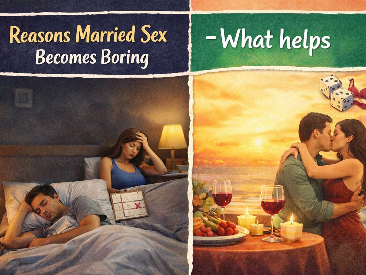 Split image showing a bored married couple in bed on one side and a romantic, happy couple kissing at a candlelit dinner on the other.