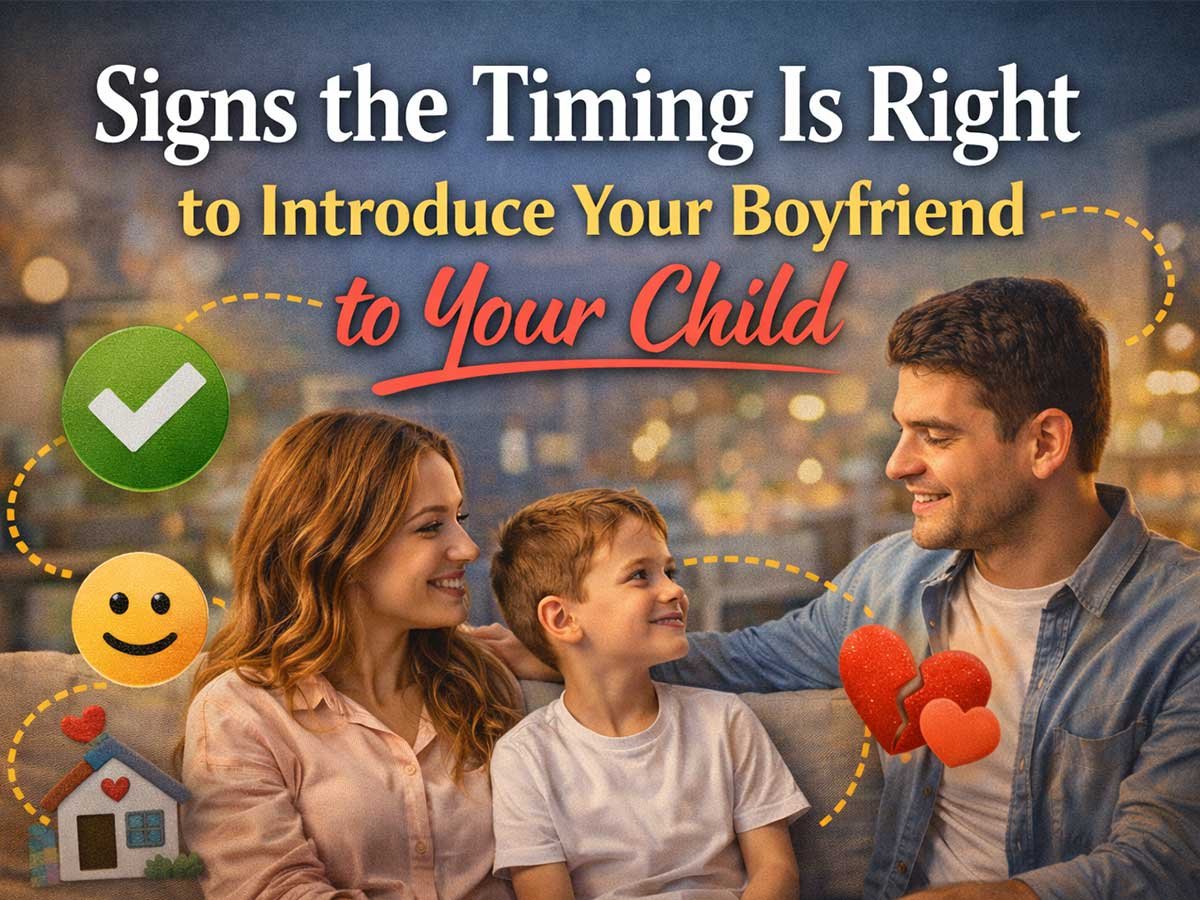 A warm family scene with a mom, her child, and a smiling boyfriend sitting together on a couch. Text reads “Signs the Timing Is Right to Introduce Your Boyfriend to Your Child,” with icons like a green check mark, smiley face, home, and hearts.