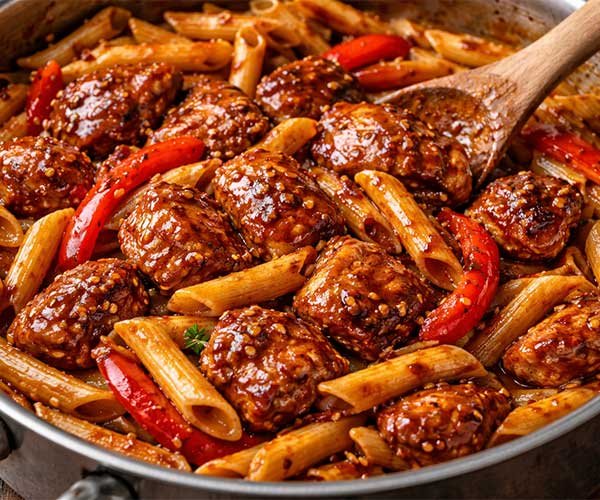 Cooked chicken added back into BBQ pasta skillet and stirred with penne in sticky honey garlic sauce.