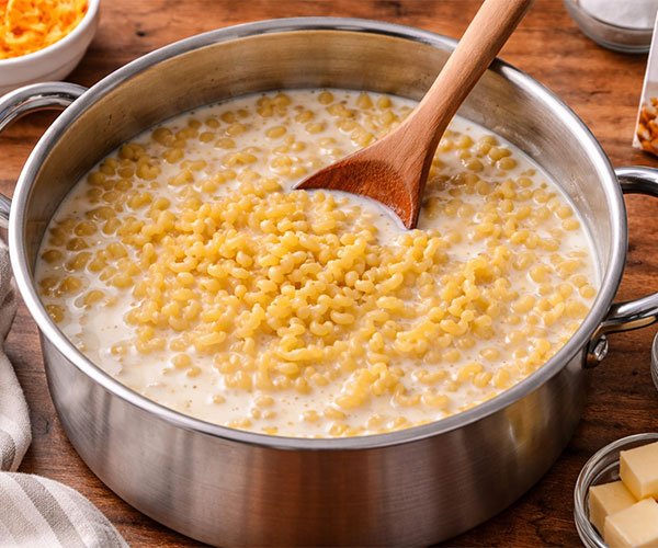 Uncooked elbow pasta simmering in milk and water in a stainless steel pot with a wooden spoon.
