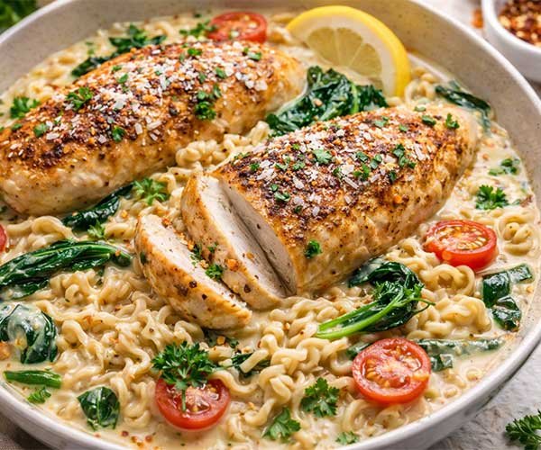 Creamy chicken ramen topped with pan-seared chicken, spinach, cherry tomatoes, herbs, and red pepper flakes.