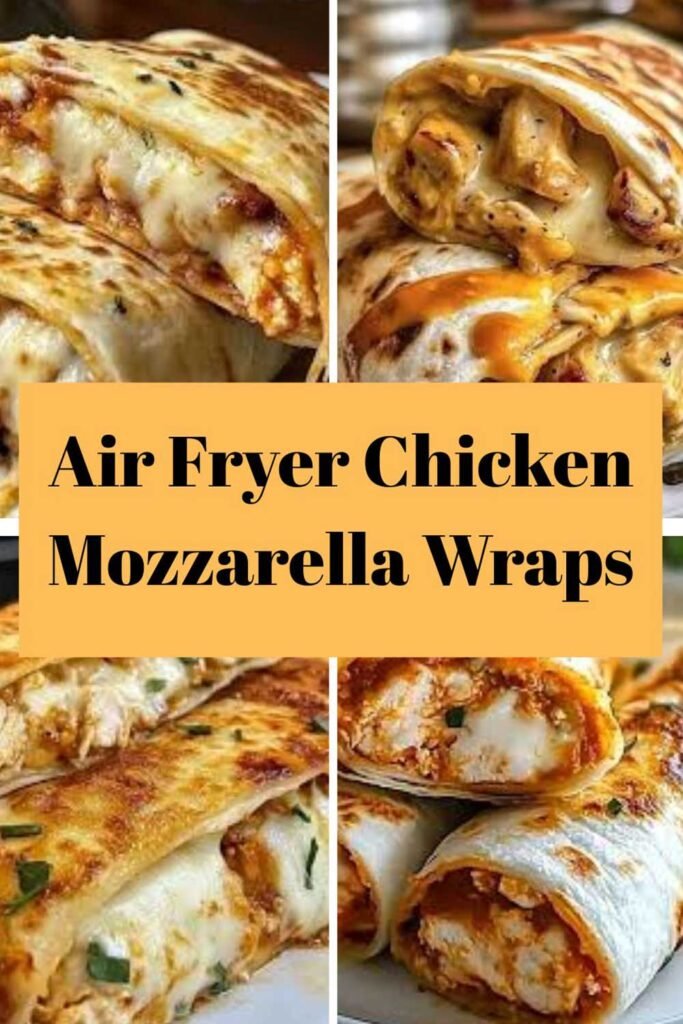 Air fryer chicken mozzarella wraps collage showing golden crispy tortillas with melty cheese and juicy chicken filling.