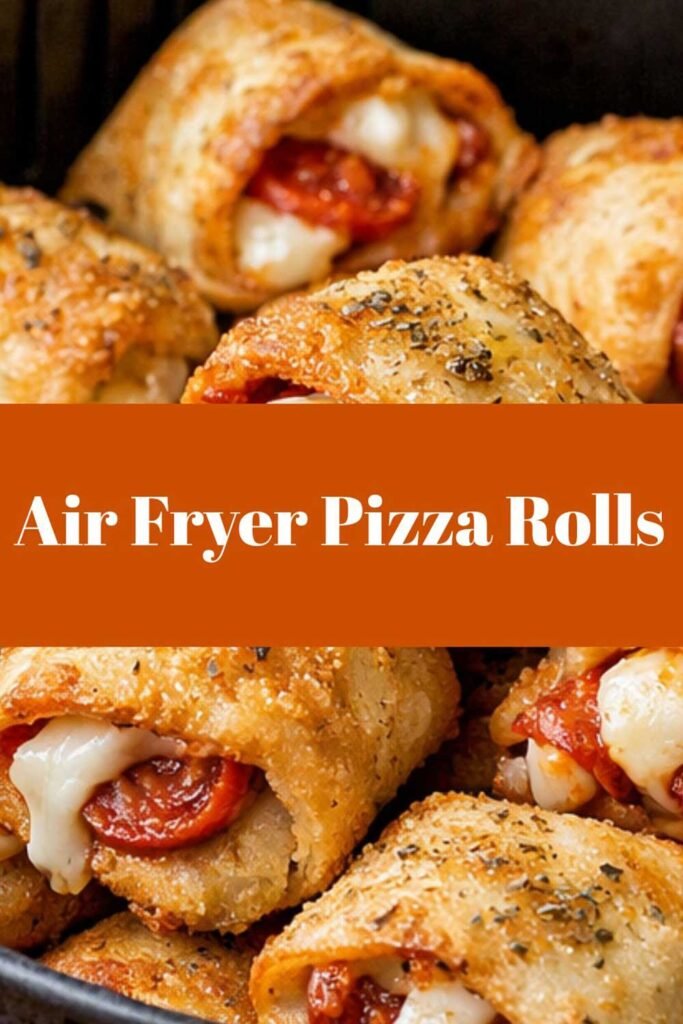 Air fryer pizza rolls filled with melted mozzarella and pepperoni, baked until golden and crispy