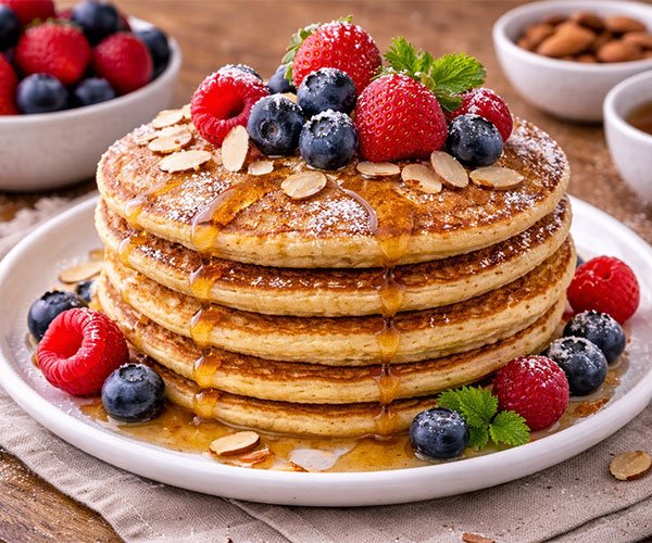 Stack of almond flour pancakes topped with fresh berries, sliced almonds, and sugar-free syrup.