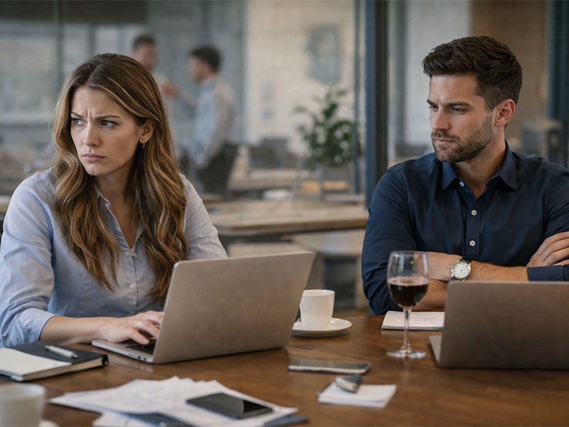 Two co-workers sit at a table in an office with open laptops. The woman looks upset and distracted, while the man sits with crossed arms and a serious expression, suggesting tension between them.