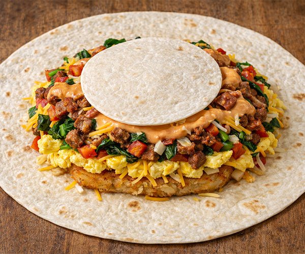 Breakfast crunchwrap being assembled with eggs, meat, hash browns, cheese, vegetables, and sauce layered on a large tortilla with a small tortilla on top.