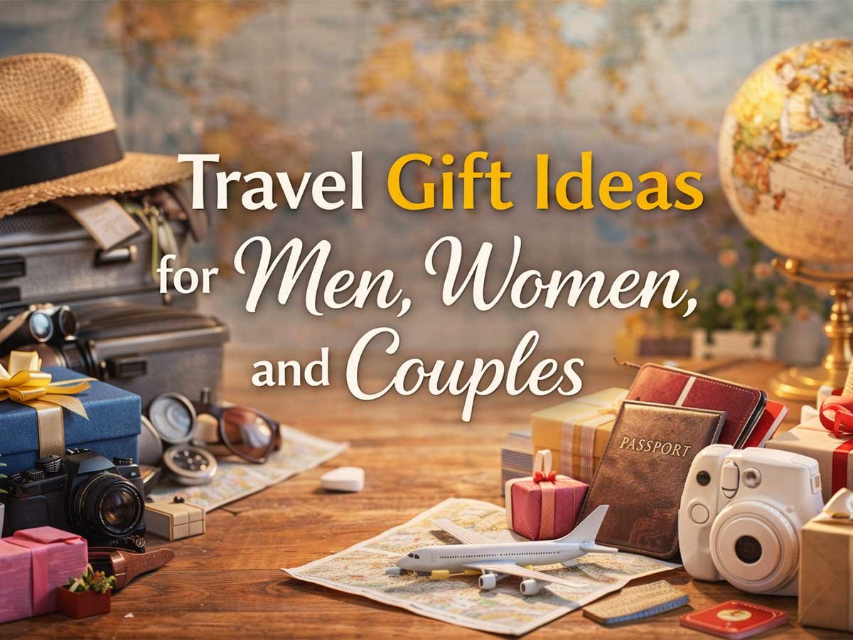 Travel gift ideas scene with suitcases, camera, passport, map, airplane model, wrapped gifts, and the text “Travel Gift Ideas for Men, Women, and Couples.”