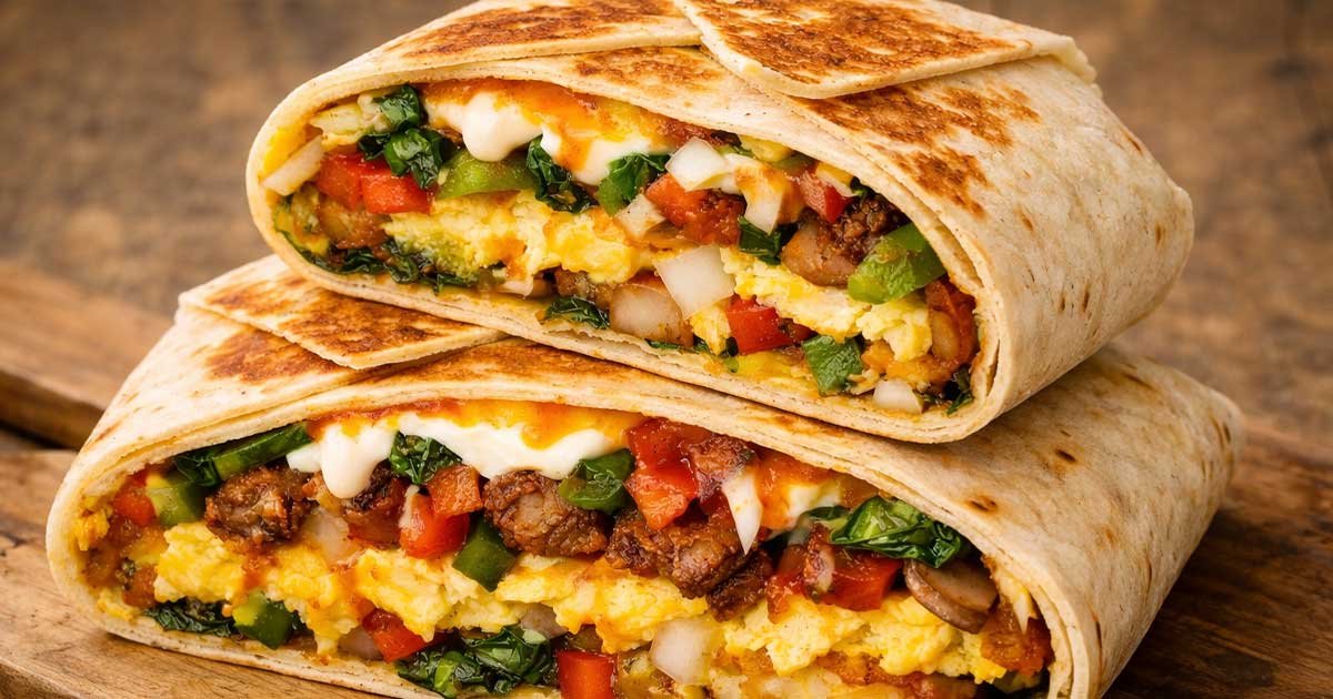 Stacked homemade breakfast crunchwrap halves showing eggs, hash browns, cheese, meat, and vegetables inside toasted tortillas.
