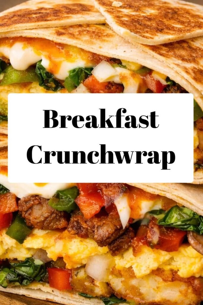 Homemade breakfast crunchwrap cut open showing layers of eggs, hash browns, cheese, meat, and vegetables inside a crispy toasted tortilla.