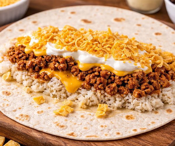 Burrito filling layered on a large tortilla with rice, seasoned taco meat, nacho cheese sauce, sour cream, shredded cheese, and crushed tortilla chips on a wooden board.