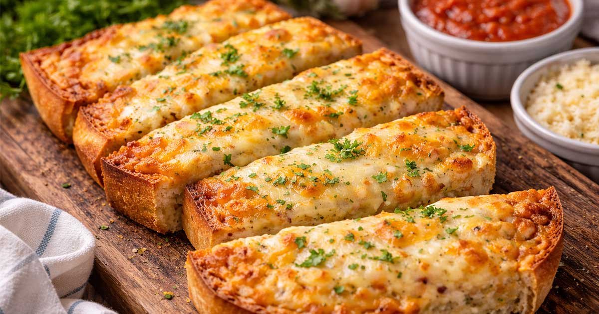 Cheesy garlic bread slices topped with melted cheese and parsley on a wooden board with marinara sauce in the background.