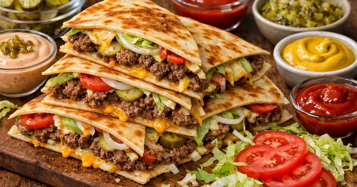 Cheesy smashburger quesadillas filled with seasoned ground beef, melted cheese, pickles, onions, and tomatoes in toasted tortillas.