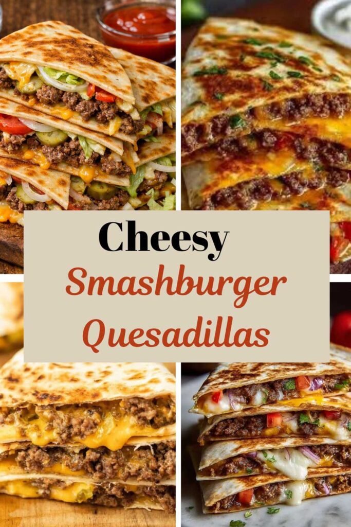 Cheesy smashburger quesadillas stacked with seasoned ground beef and melted cheese in crispy grilled tortillas.