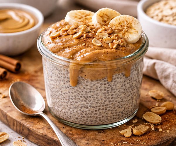 Chia pudding topped with peanut butter, banana slices, chopped peanuts, and cinnamon served in a glass jar.