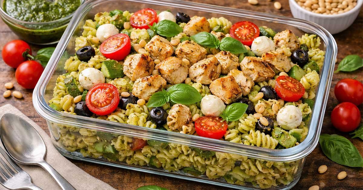 Large glass meal prep container filled with chicken pesto pasta salad topped with grilled chicken, cherry tomatoes, mozzarella, olives, and basil.