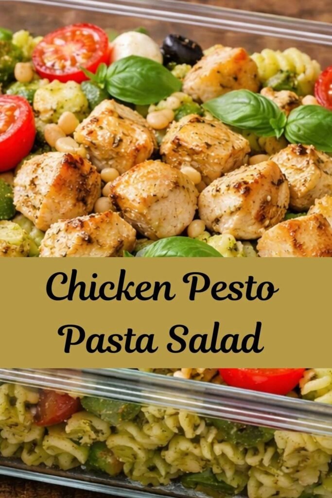 Chicken pesto pasta salad in a large meal prep container topped with grilled chicken, cherry tomatoes, mozzarella, olives, and fresh basil.