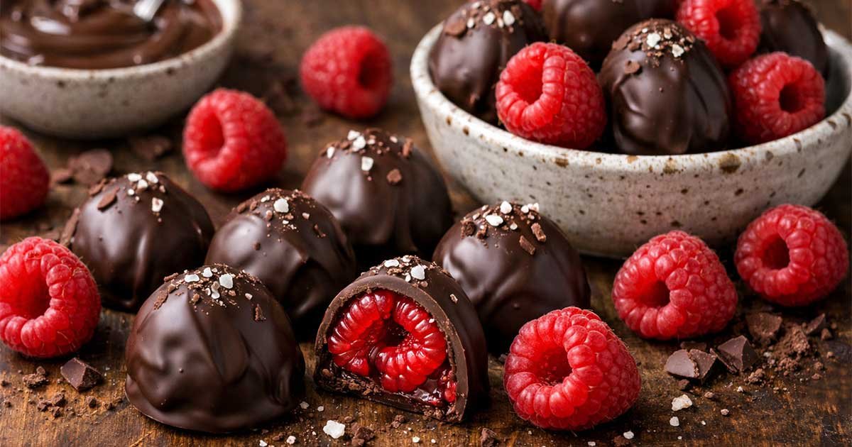 Homemade chocolate-covered raspberries with a glossy chocolate coating, fresh raspberries, and a cut piece showing the fruit filling.