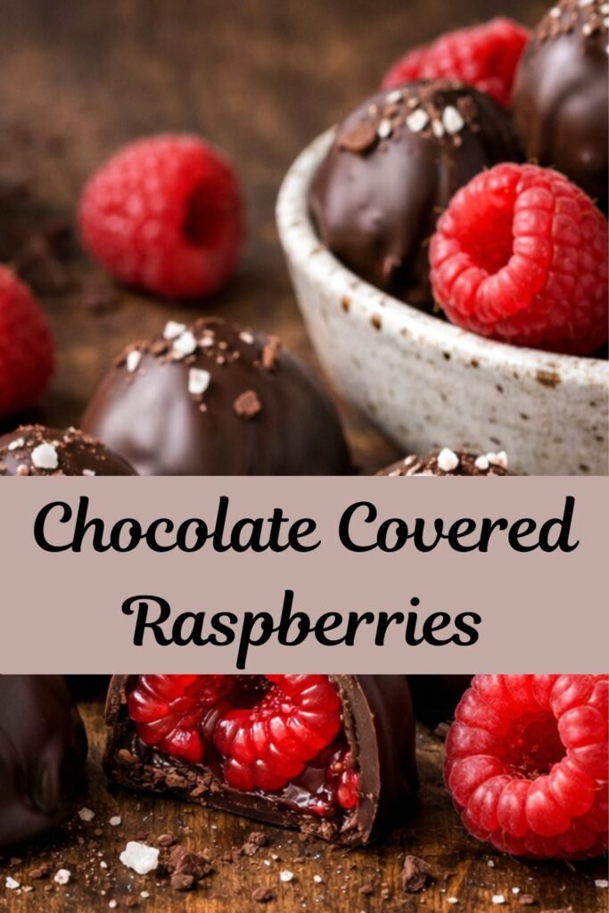 Homemade chocolate-covered raspberries with glossy chocolate shells and fresh raspberries on a rustic surface, dessert close-up.