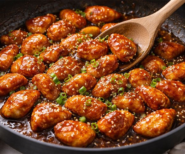 Chicken pieces simmering in a pan, coated in thick sticky sauce while being stirred with a wooden spoon.