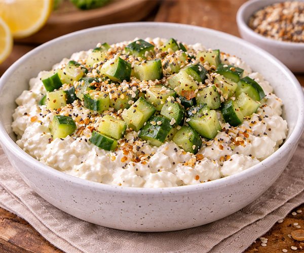 Bowl of cottage cheese topped with fresh cucumber cubes and everything seasoning.