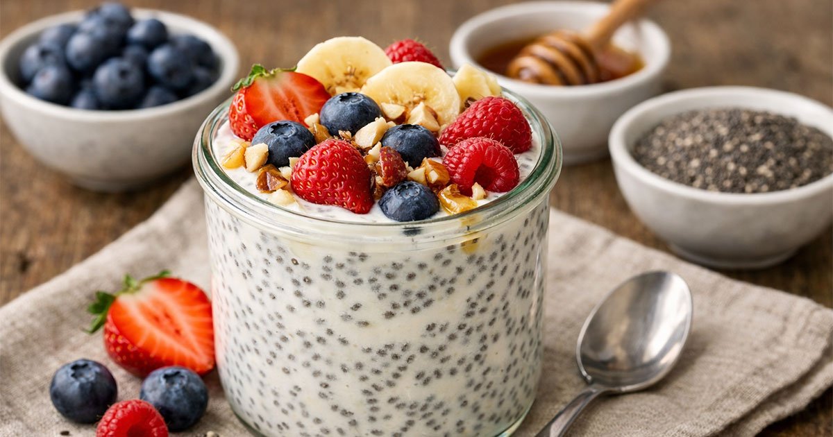 Glass jar of creamy Greek yogurt chia pudding topped with strawberries, blueberries, raspberries, banana slices, and chopped nuts.