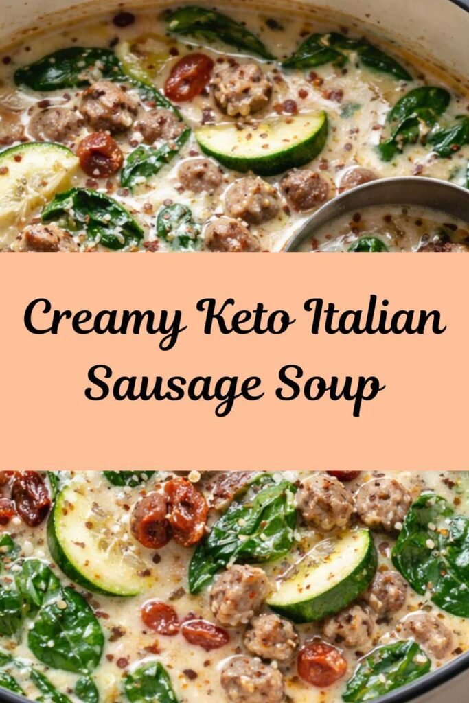 Creamy keto Italian sausage soup with sausage, zucchini, spinach, and sun-dried tomatoes in a rich, creamy broth.